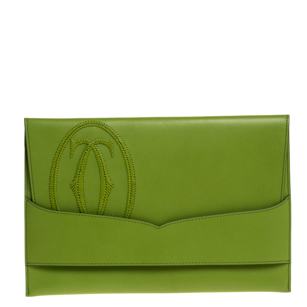 Pre Owned Cartier Apple Green Leather Logo Flap Clutch