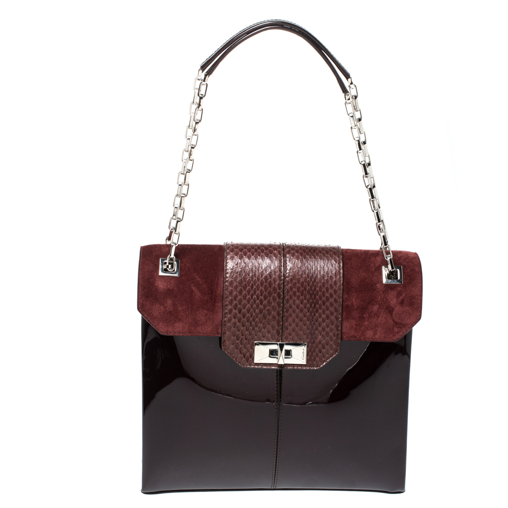 Cartier Burgundy Patent Leather/Suede and Python Classic Feminine Line Chain Bag