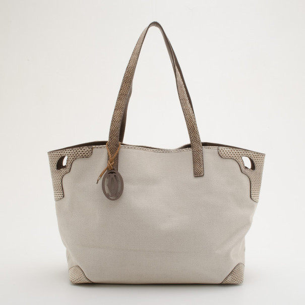 Pre Owned Cartier Beige Canvas & Snakeskin Marcello Tote 