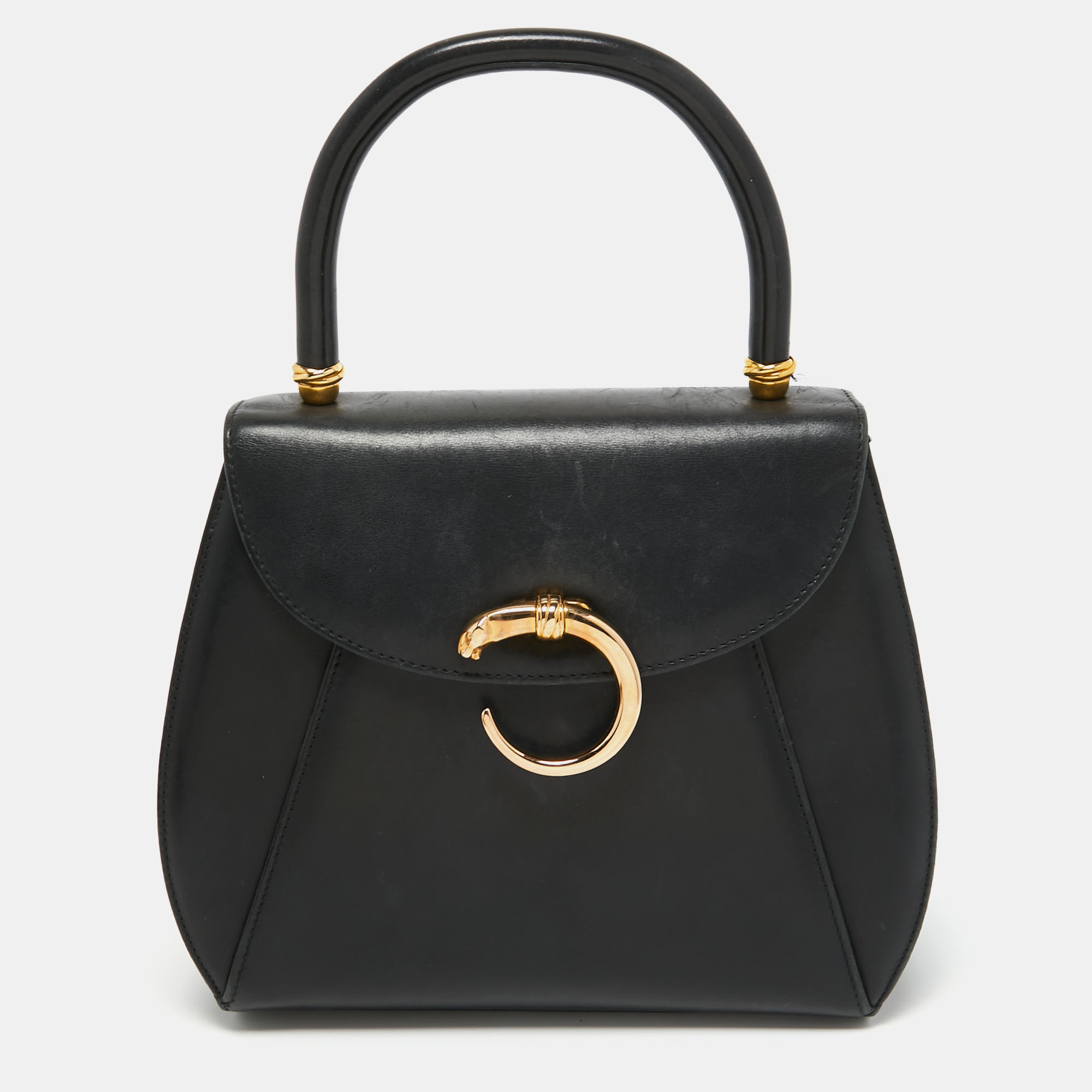 Pre Owned Cartier Black Leather Panthere Top Handle Bag