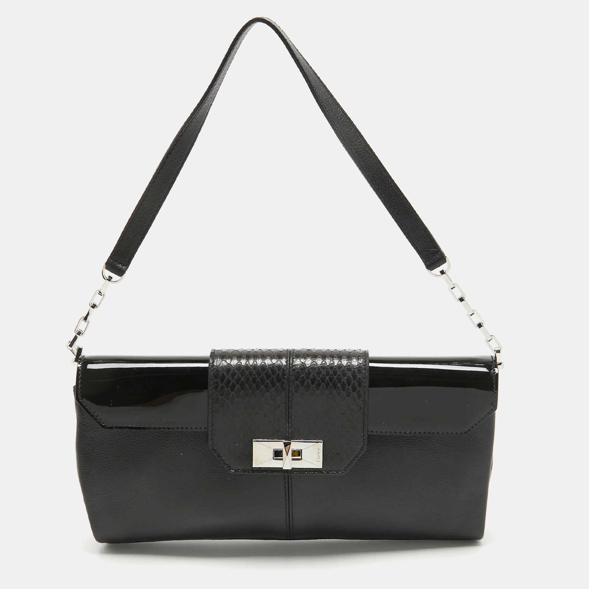Pre Owned Cartier Black Leather and Snakeskin Classic Feminine Line Shoulder Bag
