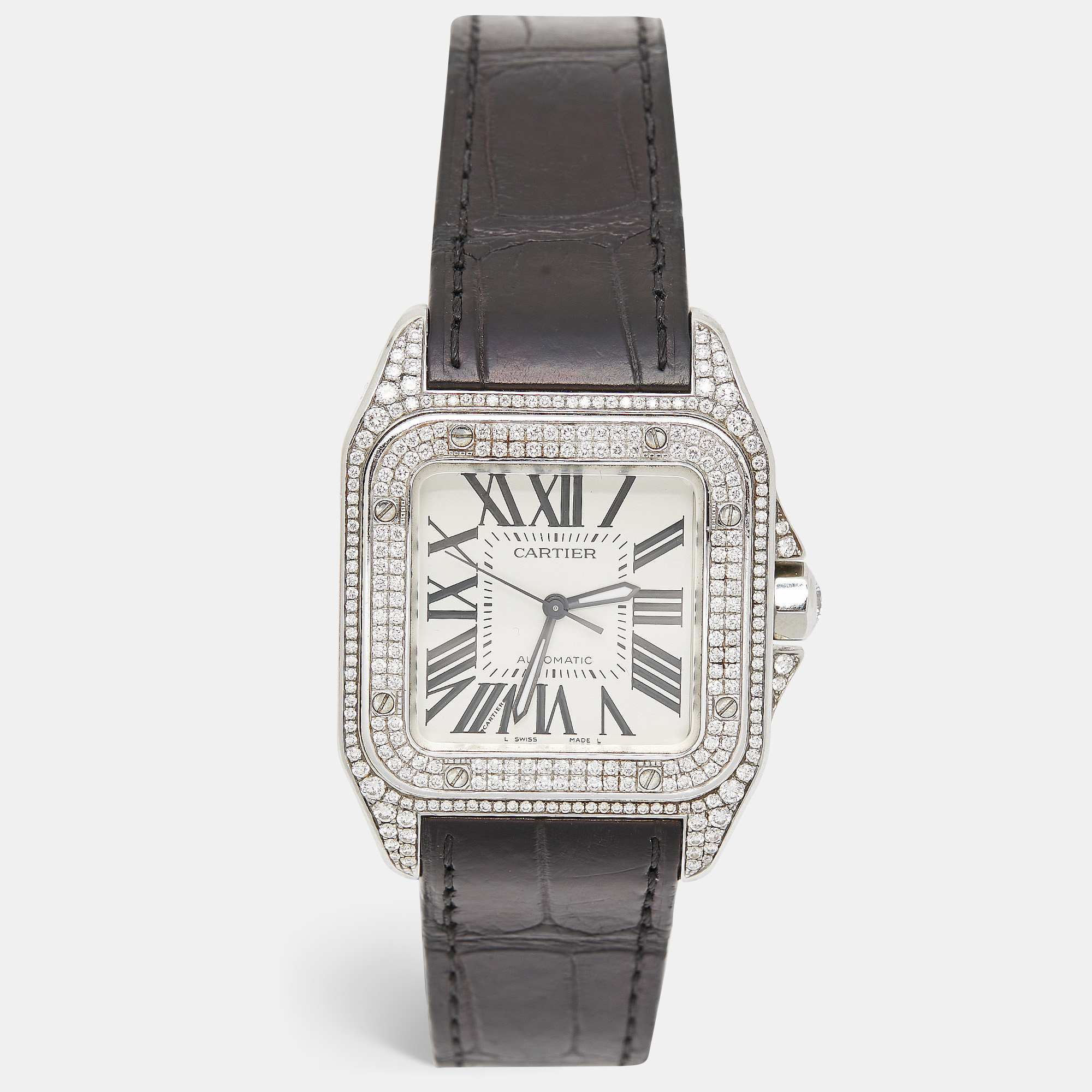 

Cartier Silver Stainless Steel Diamond Alligator Leather Santos, Black