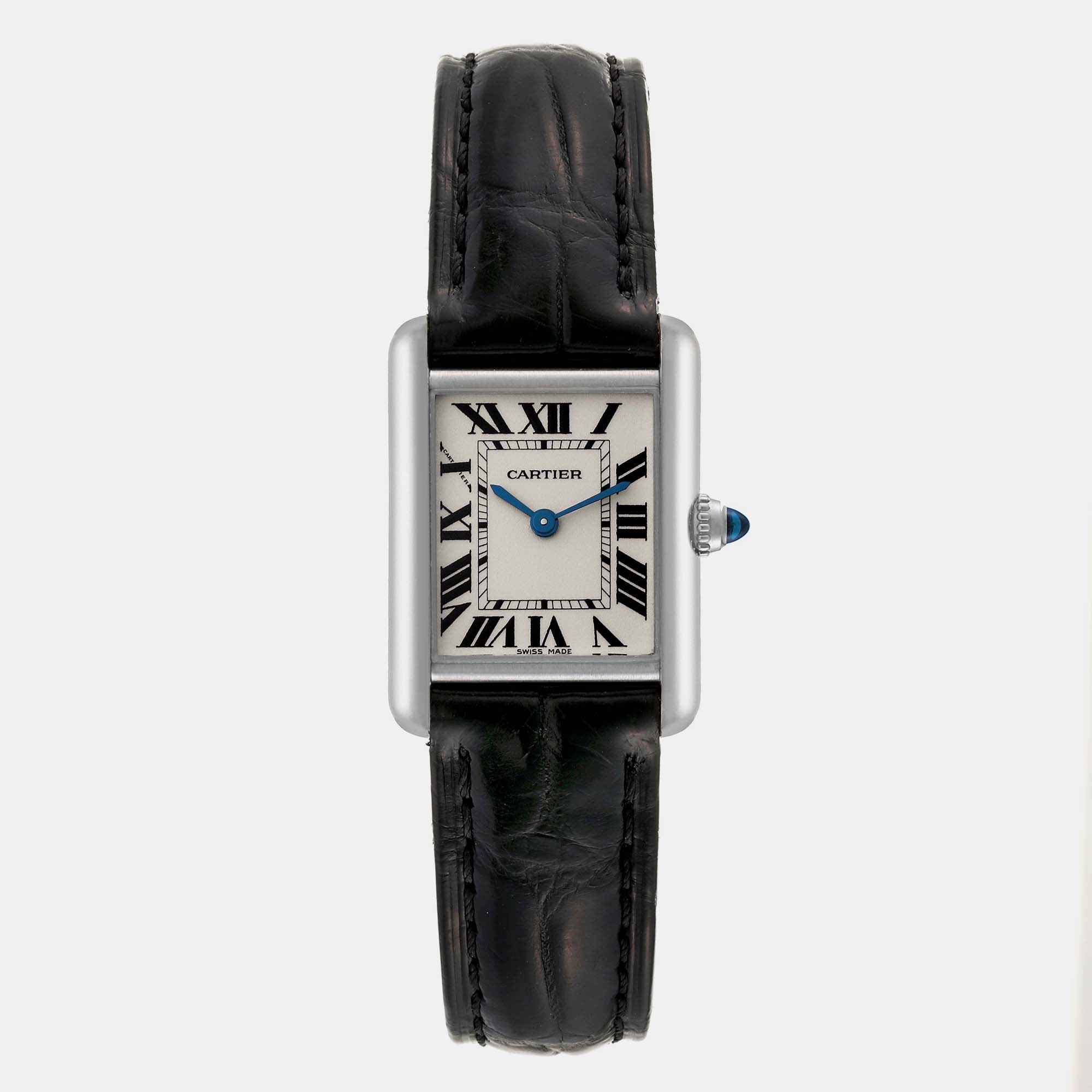 

Cartier Tank Louis White Gold Black Strap Ladies Watch 22 mm, Silver