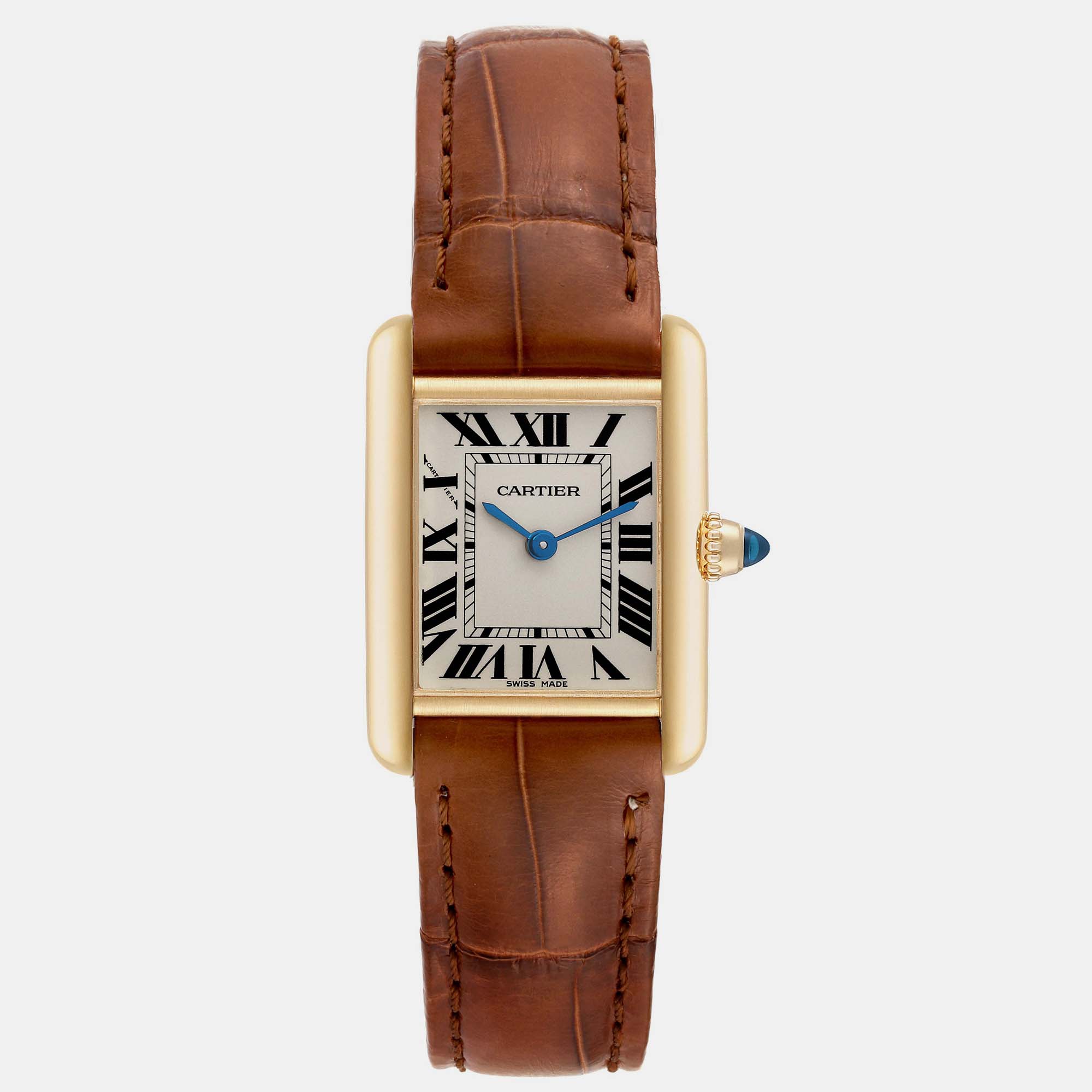 

Cartier Tank Louis Small Yellow Gold Brown Strap Ladies Watch 22.0 mm, Silver