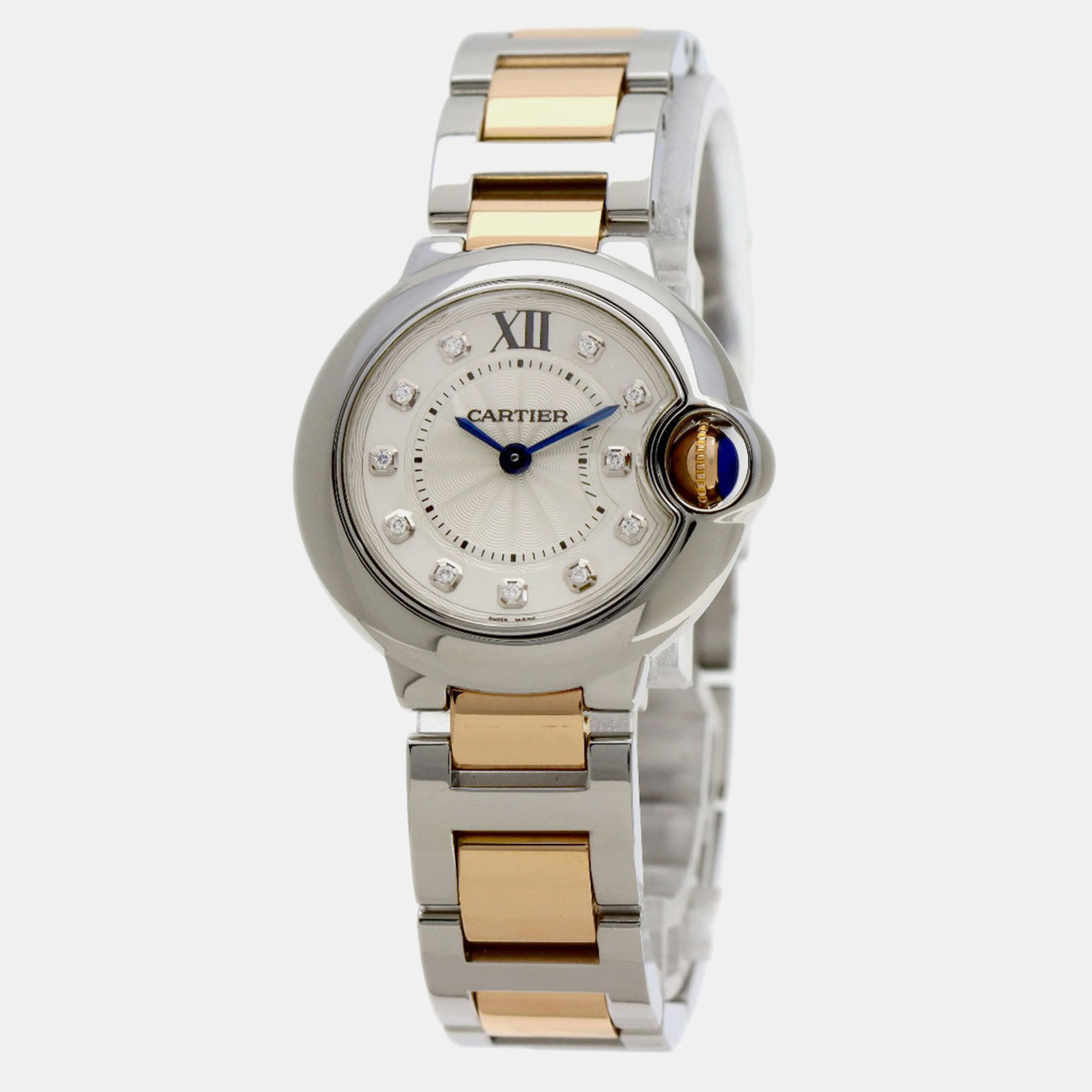 Pre-owned Cartier Silver Diamond 18k Rose Gold Stainless Steel Ballon Bleu Quartz Women's Wristwatch 28 Mm