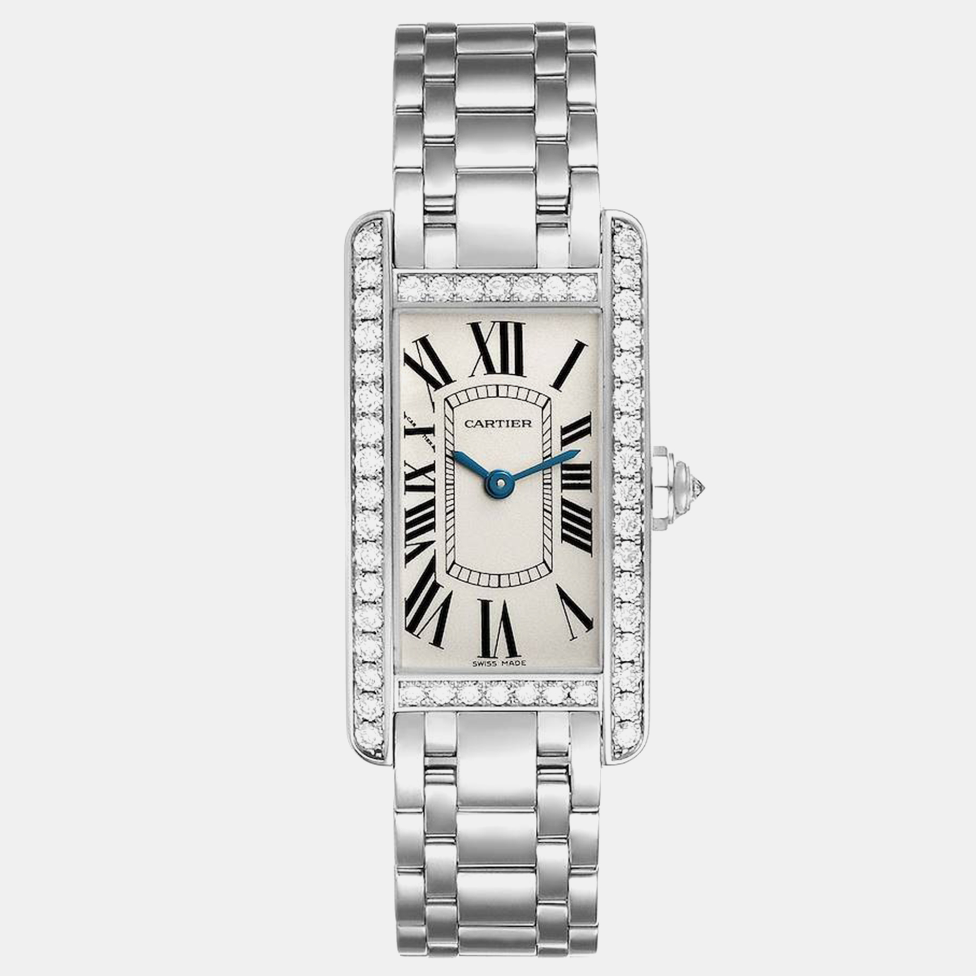 

Cartier Tank Americaine White Gold Diamond Ladies Watch WB7073L1 19 x 35 mm, Silver