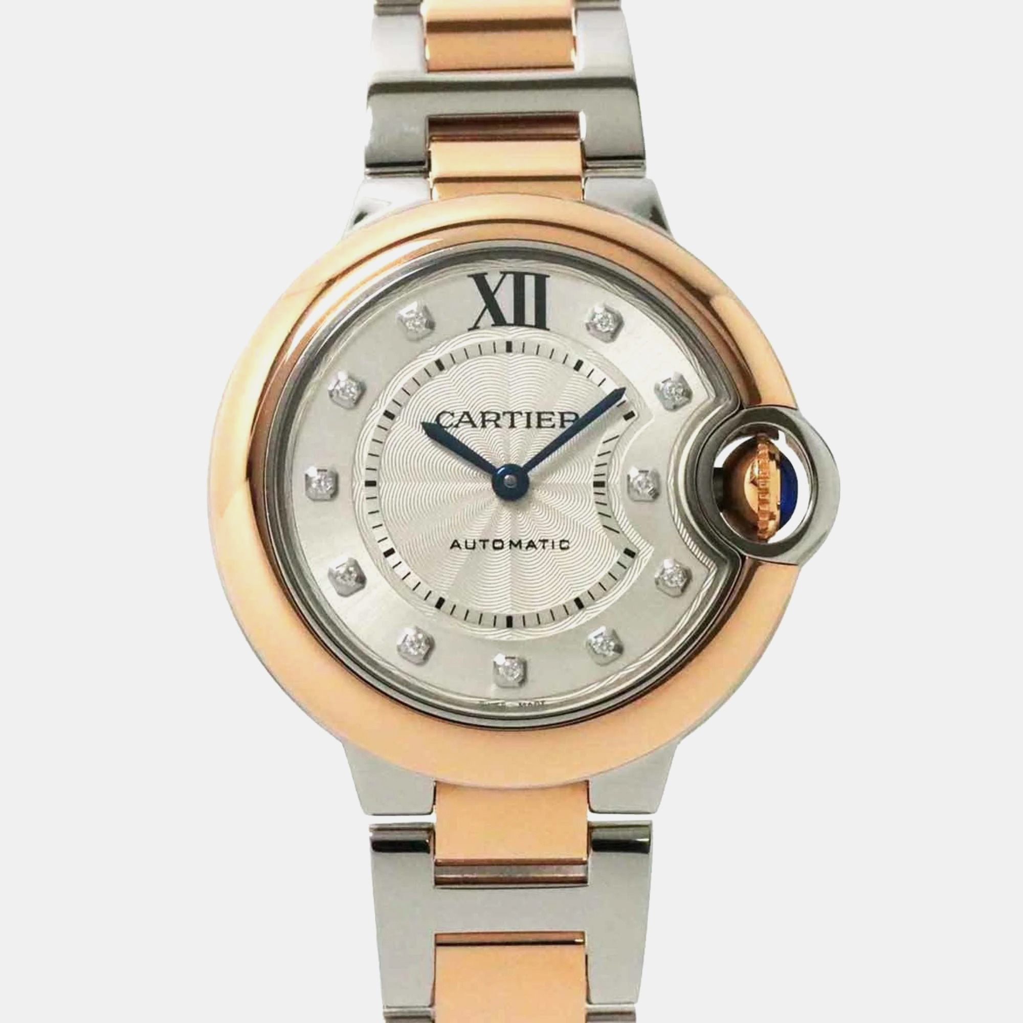 

Cartier Silver Diamond 18k Rose Gold Stainless Steel Ballon Bleu Automatic Women's Wristwatch 33 mm