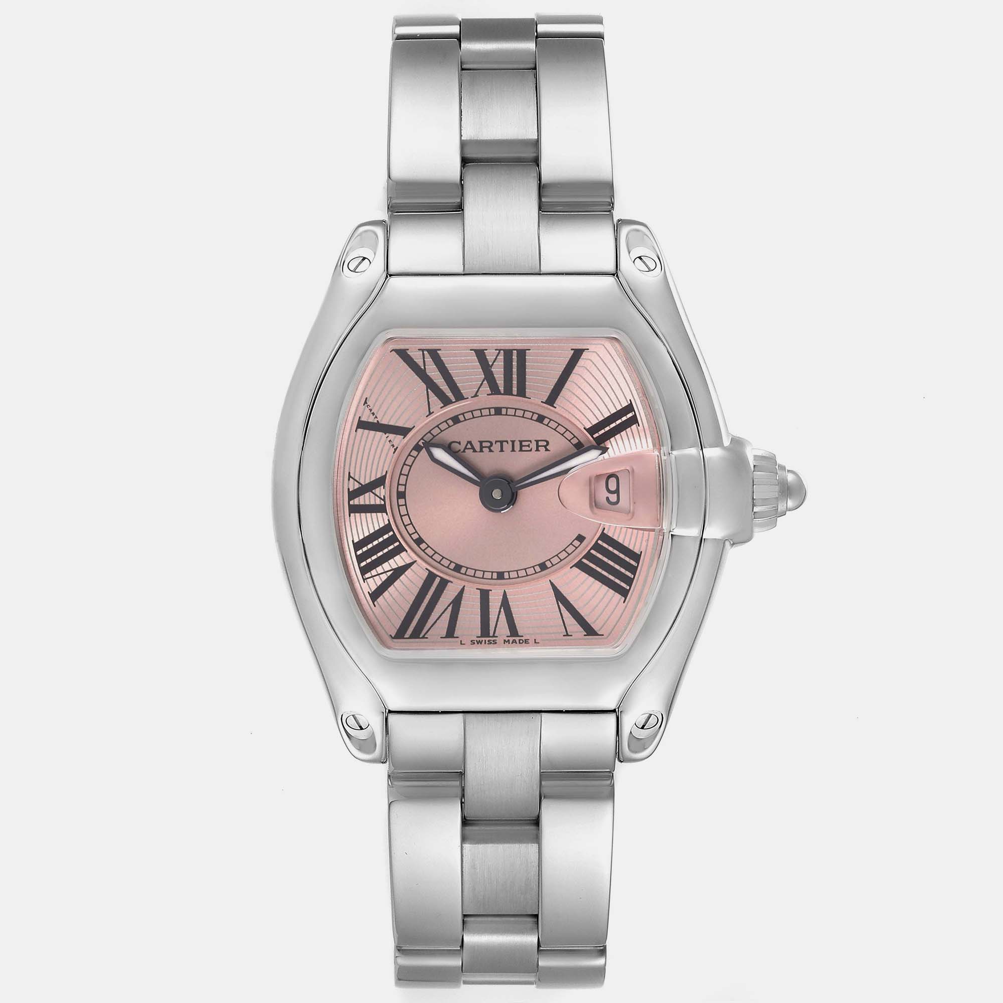 Pre-owned Cartier Roadster Small Pink Dial Steel Ladies Watch 30.5 Mm