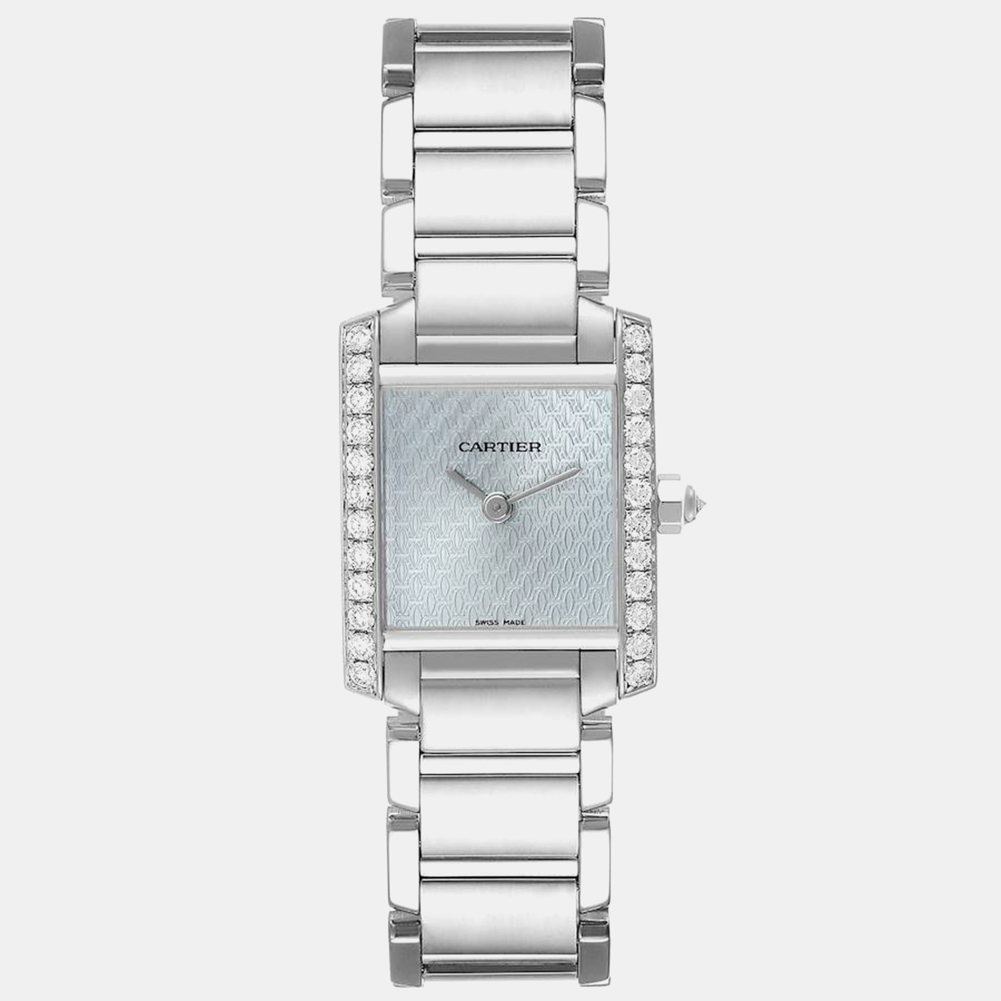 

Cartier Tank Francaise White Gold Blue Dial Diamond Ladies Watch 2403 20 mm x 25 mm, Silver