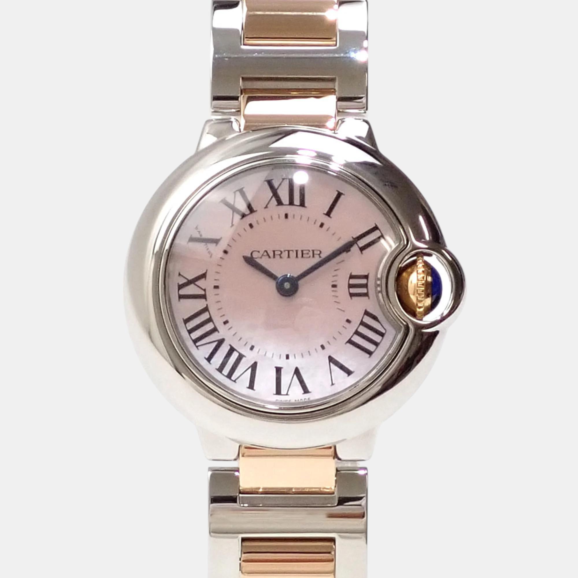 

Cartier Pink Shell 18k Rose Gold Stainless Steel Ballon Bleu W6920034 Quartz Women's Wristwatch 28 mm