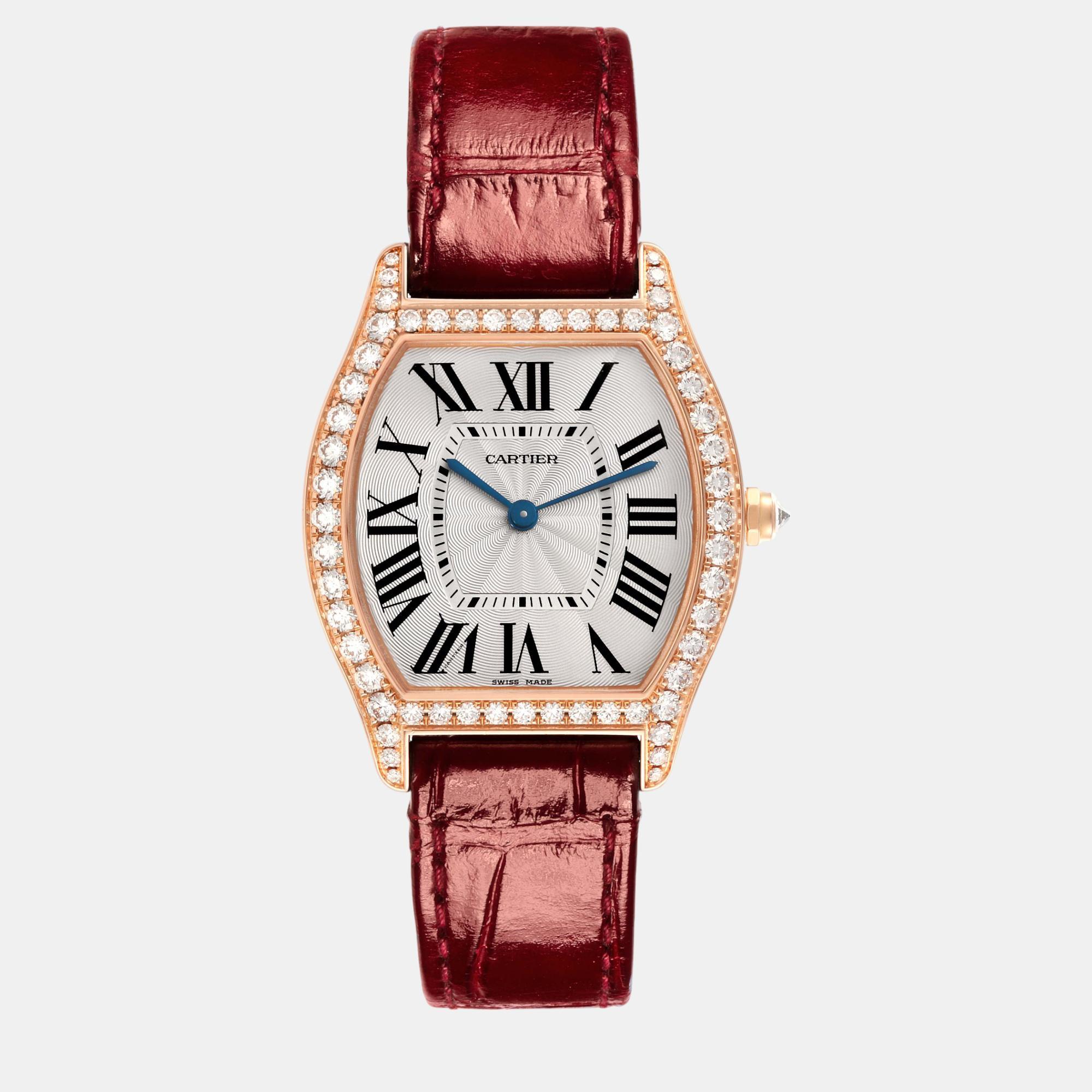 

Cartier Tortue Medium Rose Gold Diamond Bezel Ladies Watch 31.0 mm, Silver