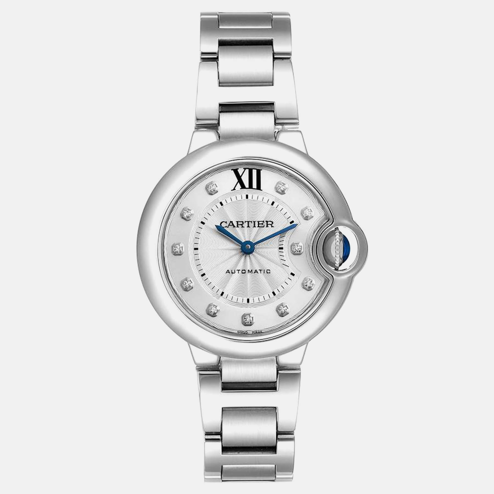 

Cartier Ballon Bleu 33 Diamond Dial Steel Ladies Watch WE902074, Silver