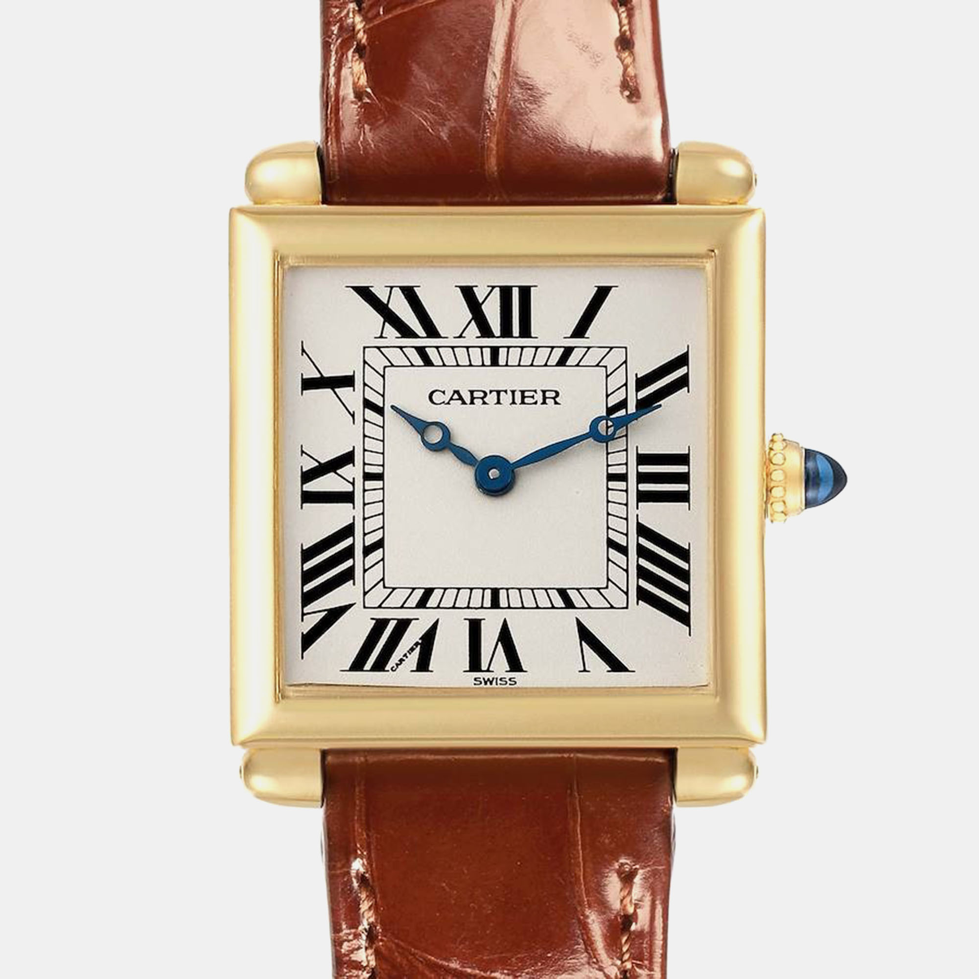 

Cartier Tank Obus Yellow Gold Brown Strap Ladies Watch W1512256, Silver