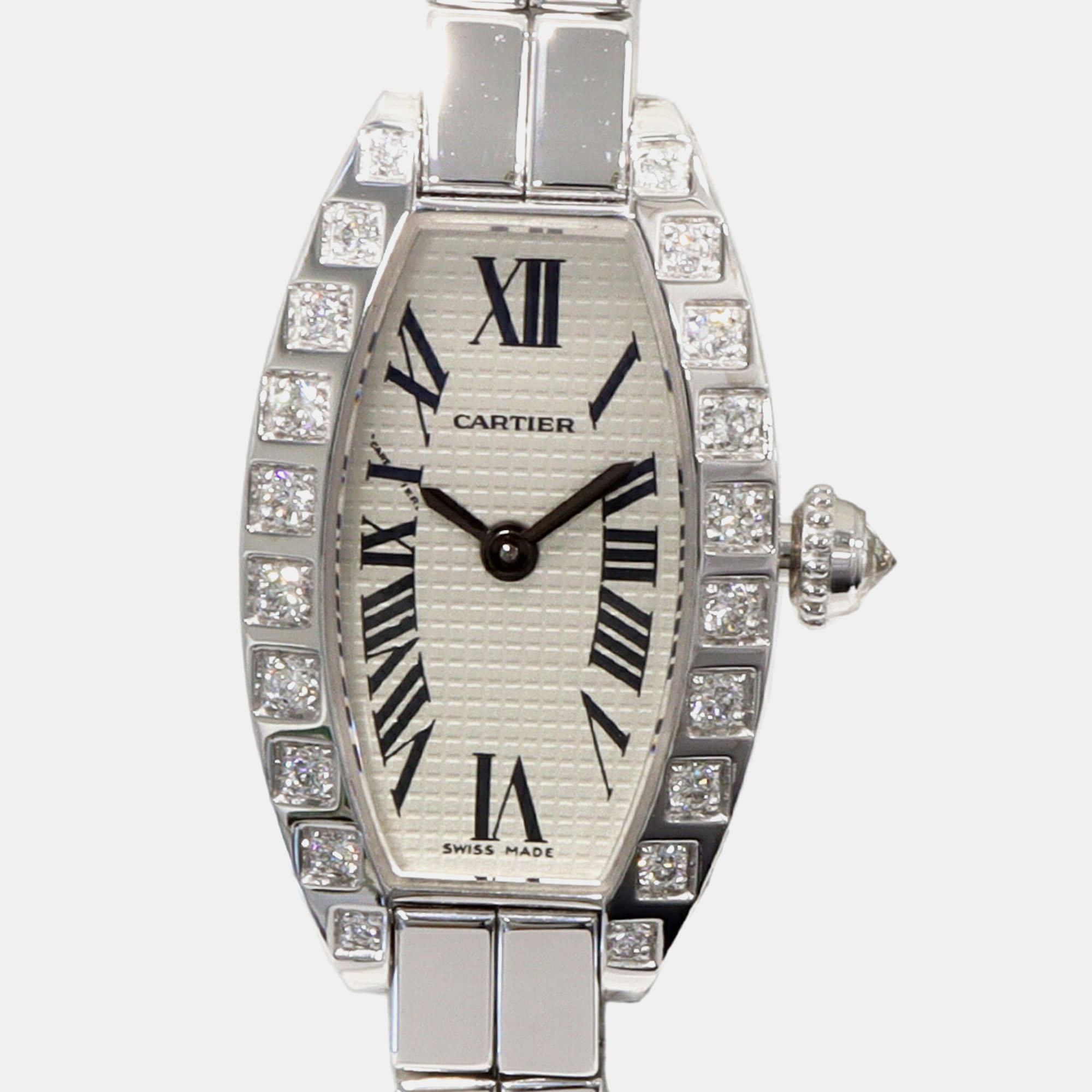 

Cartier Silver 18k White Gold Diamond Mini Tonneau WJ2004W3 Quartz Women's Wristwatch 16 mm