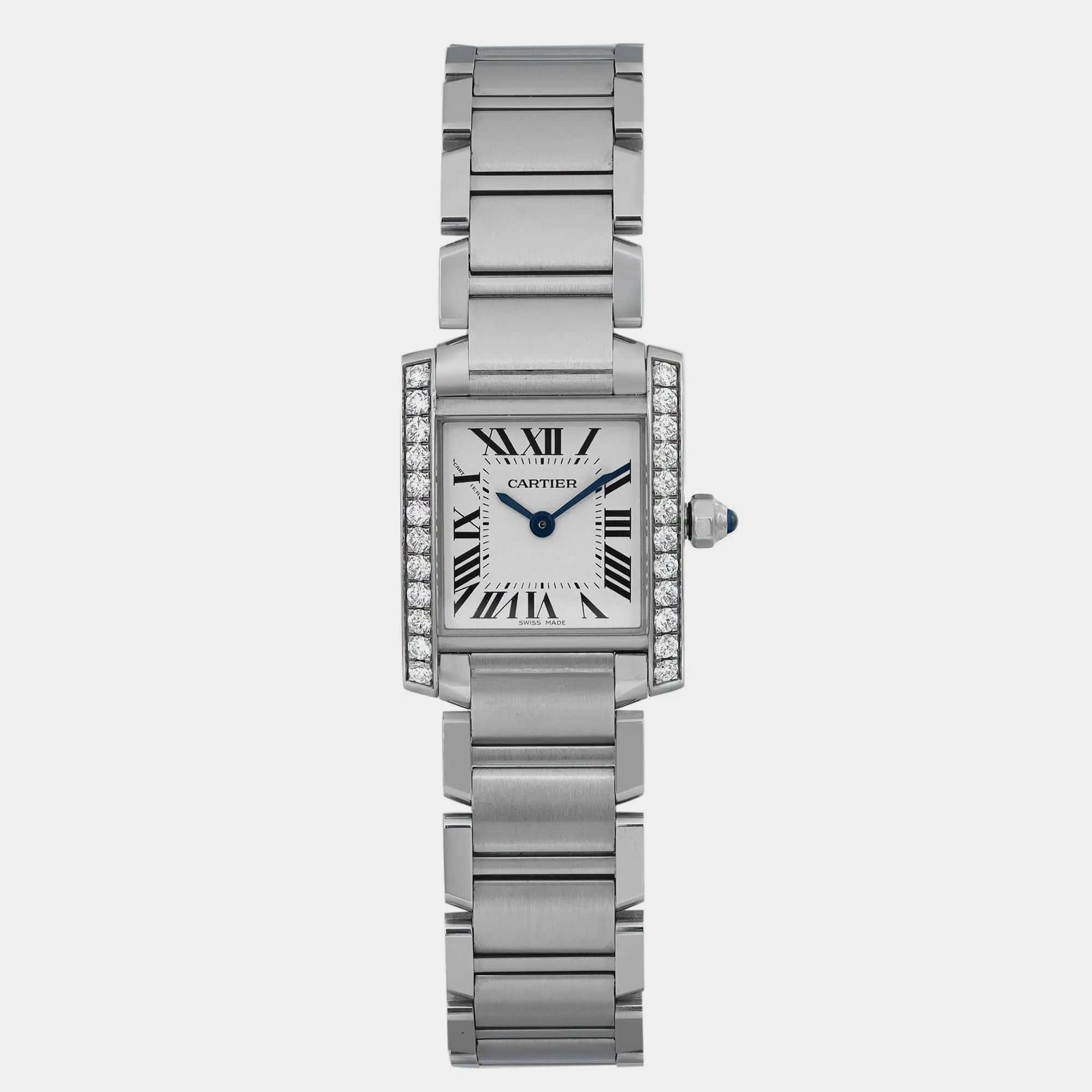 

Cartier Silver Diamond Stainless Steel Tank Francaise W4TA0008 Quartz Women's Wristwatch 22 mm