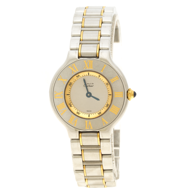 Pre Owned Cartier Silver Stainless Steel and Gold Must de Cartier Women's Wristwatch 28 mm