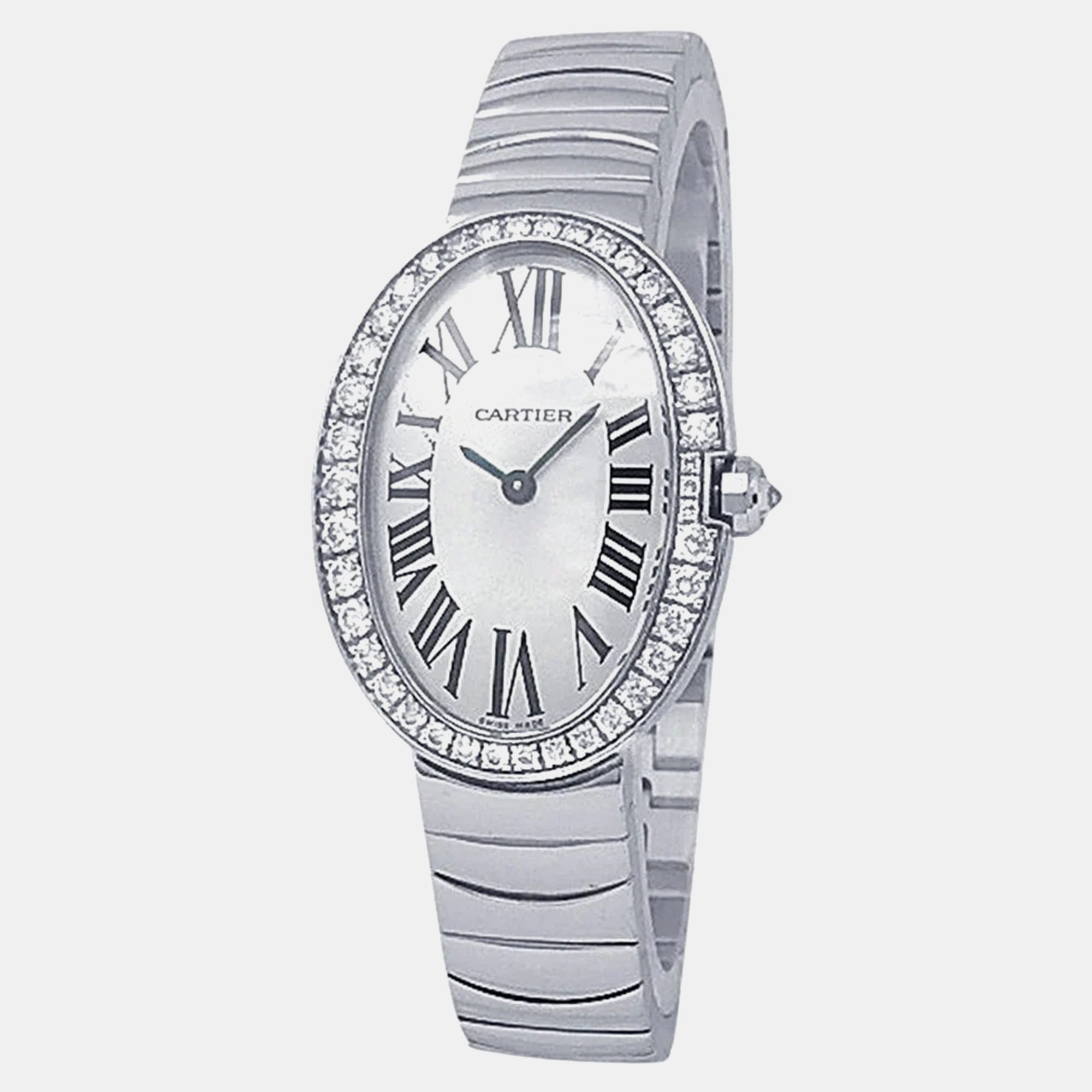 

Cartier Baignoire WB520006 Quartz Silver Dial 18k White Gold Diamond Women's Wristwatch 24.5 mm