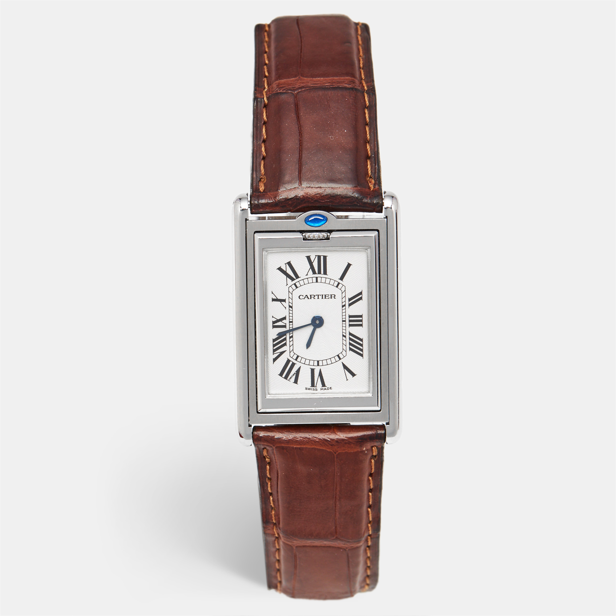 Pre-owned Cartier Tank Basculante W1014458 Silver Dial Stainless Steel Alligator Leather Women's Wristwatch 25.40 Mm In Brown