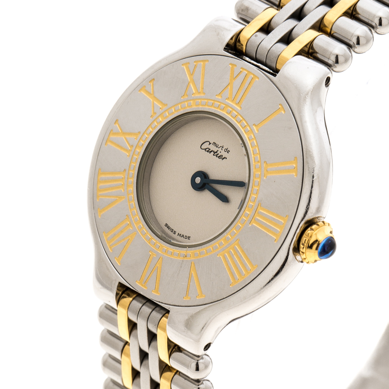 Cartier Cream 18K Yellow Gold and Stainless Steel Must De Cartier 21