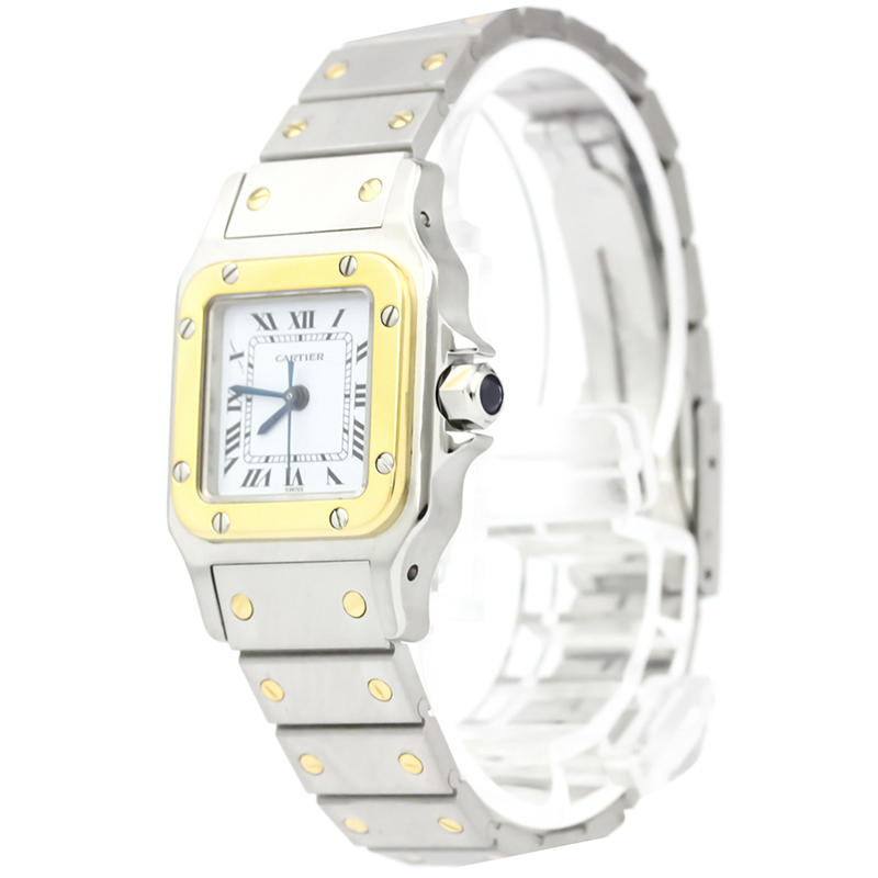 Pre Owned Cartier White 18K Yellow Gold and Stainless Steel Santos Galbee Women's Wristwatch 24MM