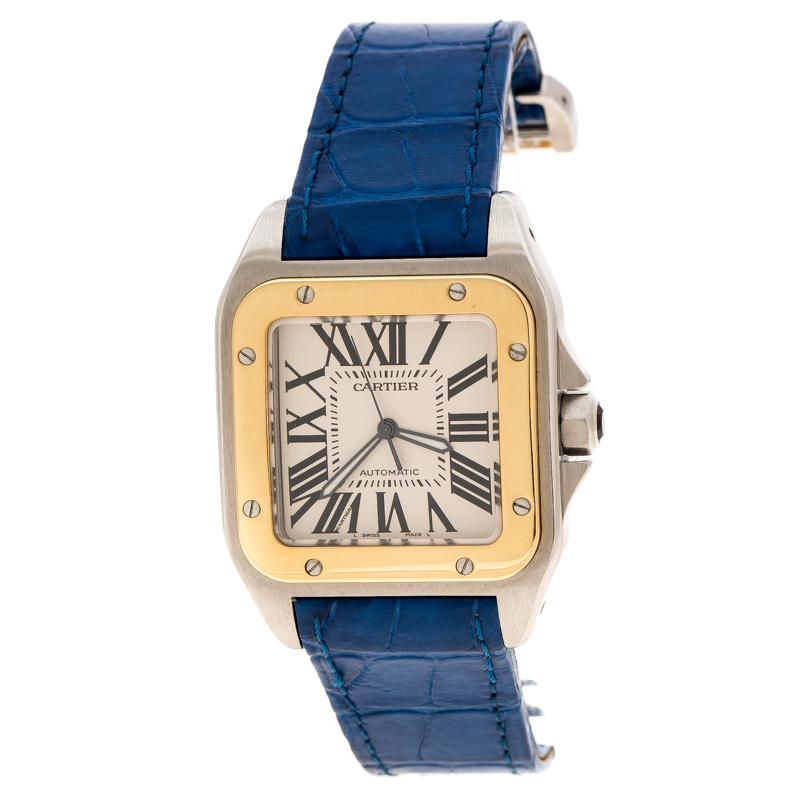 Pre Owned Cartier Silver Santos 100 18k Yellow Gold & Stainless Steel Women's Wristwatch 42MM