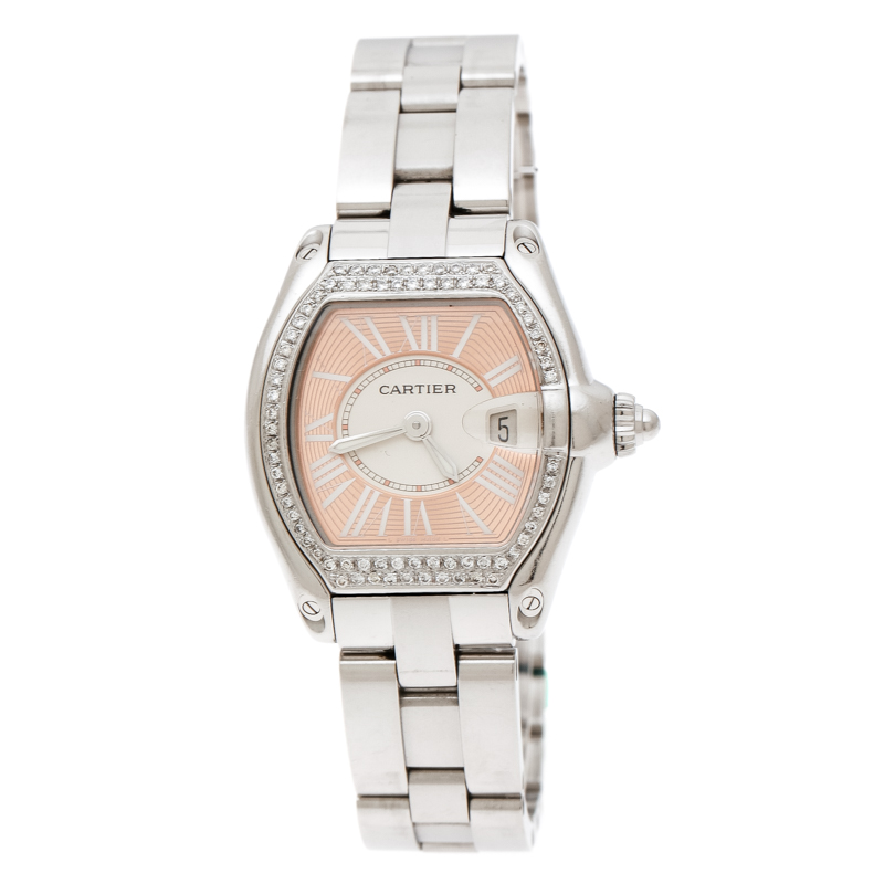 Pre Owned Cartier Peach Stainless Steel And Diamonds Roadster 2675 Women's Wristwatch 31 mm