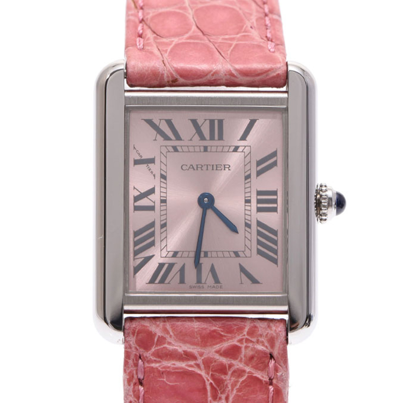 

Cartier Pink Stainless Steel and Leather Tank Solo Women's Wristwatch