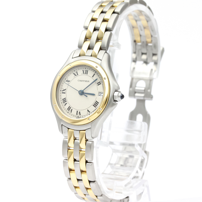 Pre Owned Cartier White 18K Yellow Gold And Stainless Steel Panthere Cougar 187906 Women's Wristwatch 26 MM