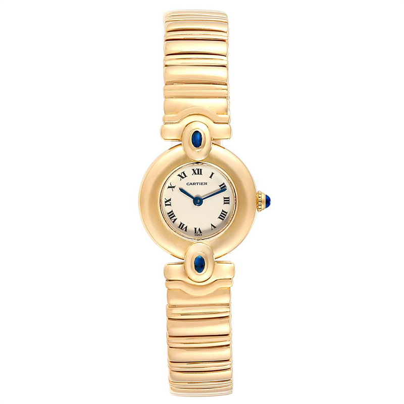 Pre Owned Cartier White 18K Yellow Gold Sapphire Colisee VLC Women's Wriswatch 24 MM