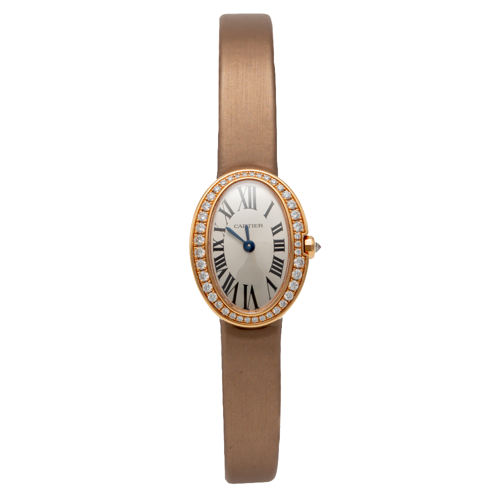 Cartier Silver Mini Baignoire Rose Gold Diamond Bezel Women's Watch