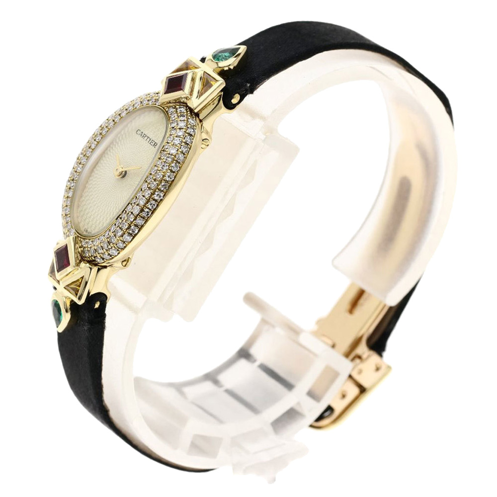 

Cartier Cream Diamond 18K Yellow Gold And Ruby Emerald MIni Baignoire Women's Wristwatch 18 MM