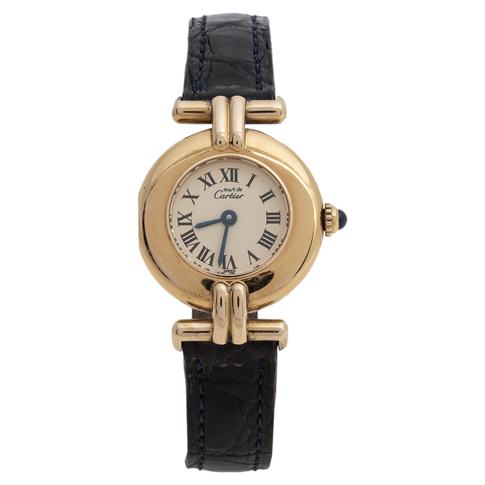 Cartier Cream Yellow Gold Plated Silver Leather Colisee 590002 Women's Wristwatch 24 mm