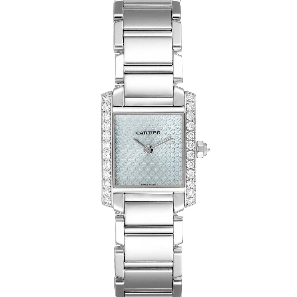 Pre-owned Cartier Blue Diamonds 18k White Gold Tank Francaise 2403 Women's Wristwatch 20 X 25 Mm