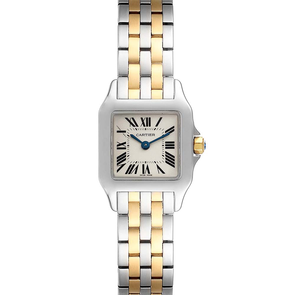 Pre-owned Cartier Silver 18k Yellow Gold And Stainless Steel Santos Demoiselle W25066z6 Women's Wristwatch 22 X 22 Mm