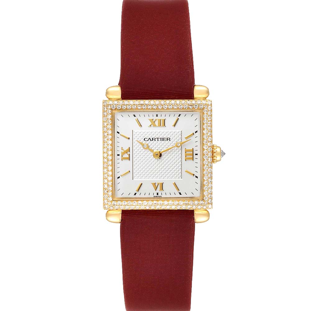 Pre-owned Cartier Silver Diamonds 18k Yellow Gold Tank Obus Wb800351 Women's Wristwatch 24.5 Mm