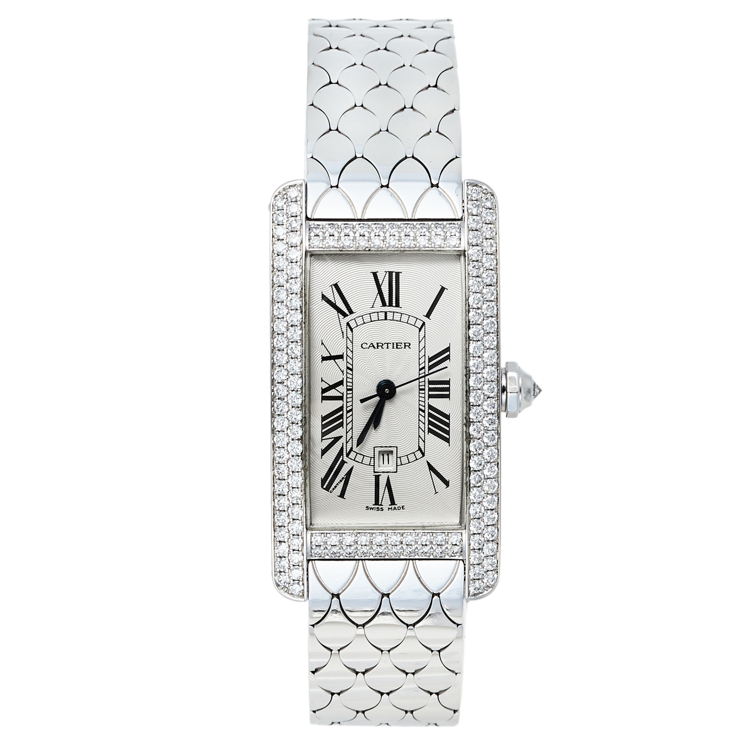 Pre-owned Cartier Silver Diamonds 18k White Gold Tank Americaine 2490 Women's Wristwatch 22.50 Mm