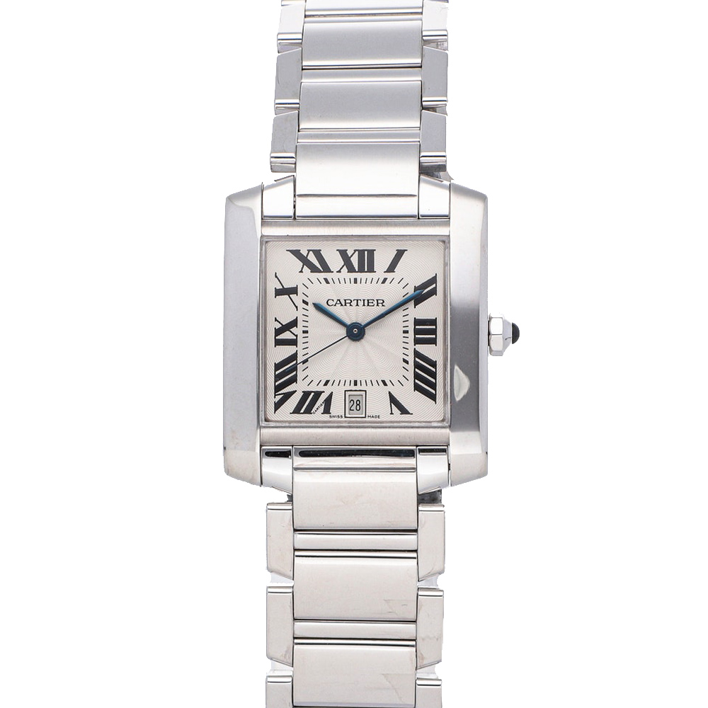 Pre-owned Cartier Silver 18k White Gold Tank Francaise W50011s3 Women's Wristwatch 24 X 28 Mm
