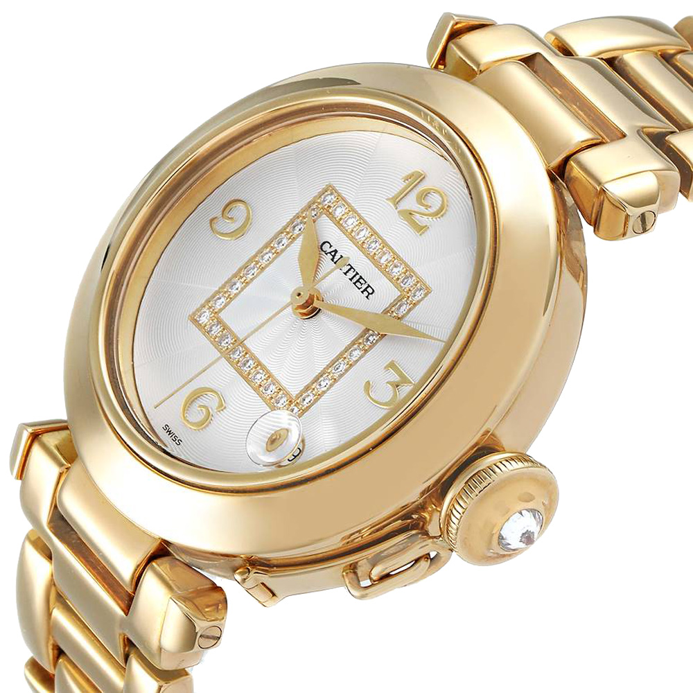 

Cartier Silver Diamonds 18K Yellow Gold Pasha GMT WJ1110H9 Women's Wristwatch 35 MM