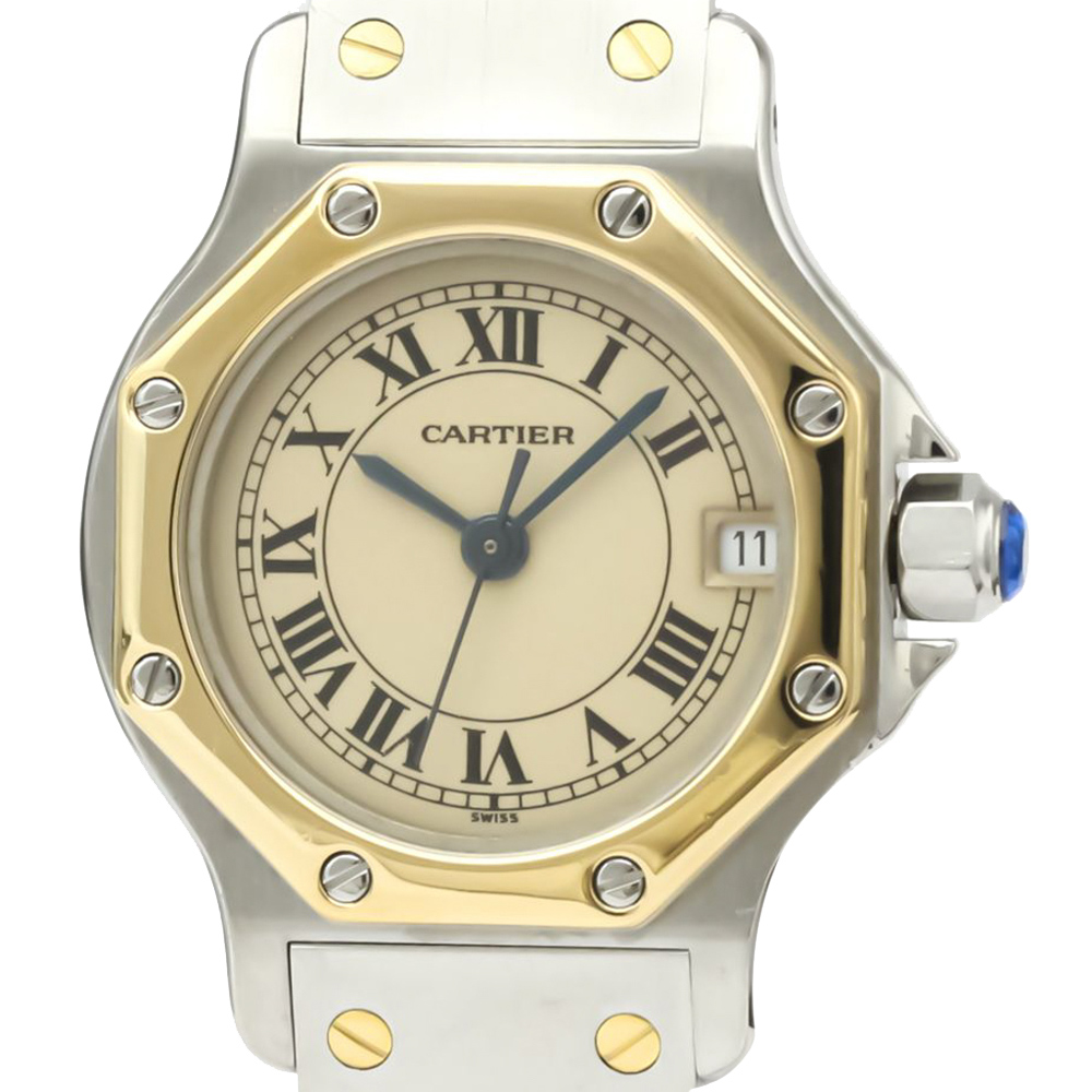 

Cartier Ivory 18K Yellow Gold And Stainless Steel Santos Octagon Quartz Women's Wristwatch 24 MM, White