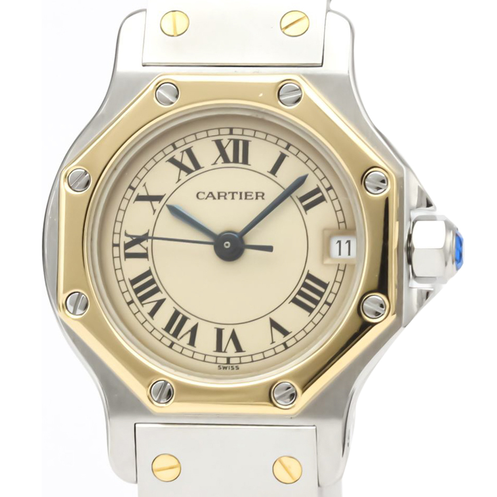 

Cartier Ivory 18K Yellow Gold And Stainless Steel Santos Octagon Quartz Women's Wristwatch 24 MM, White