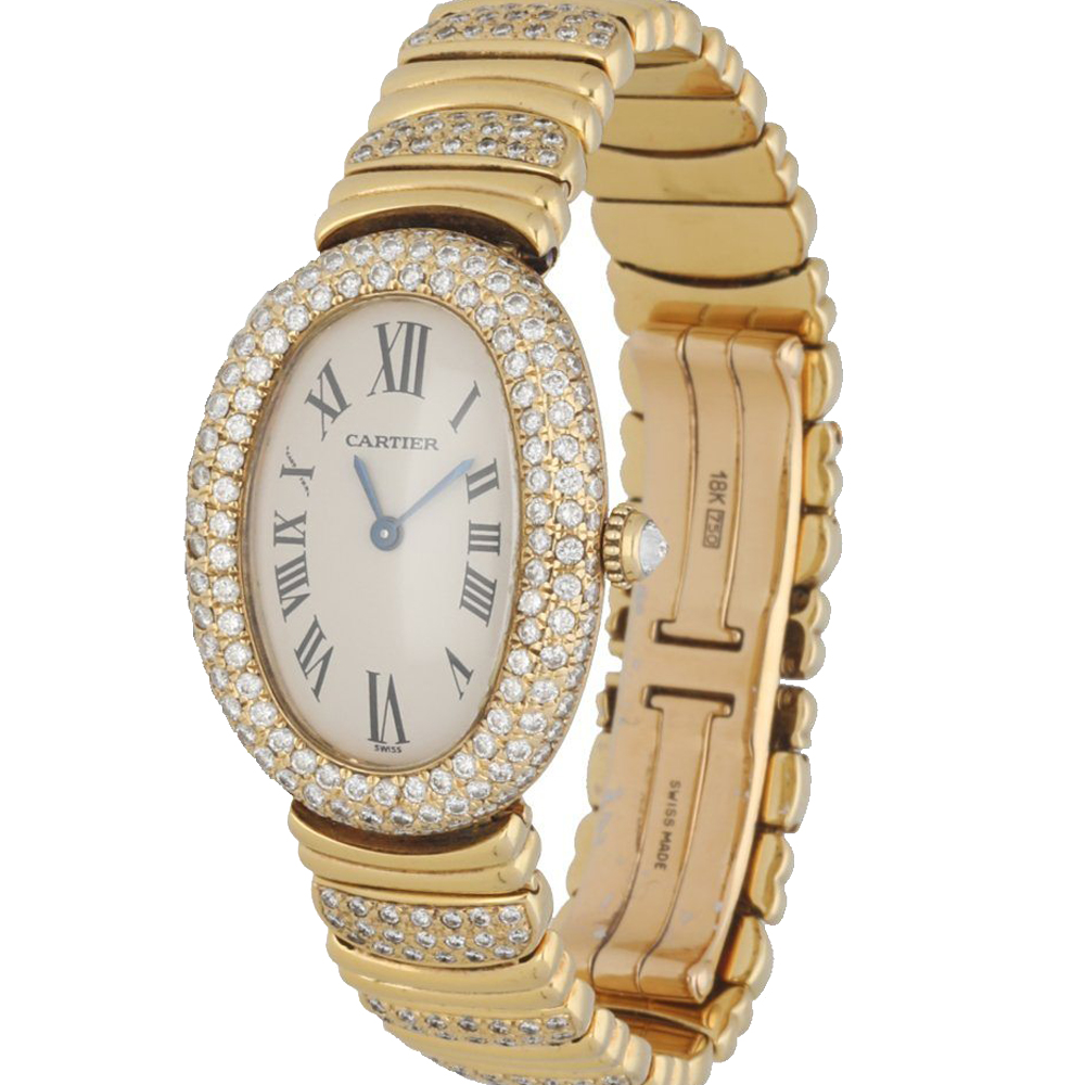 

Cartier Silver Diamonds 18K Yellow Gold Baignoire 1954 Women's Wristwatch 22 MM