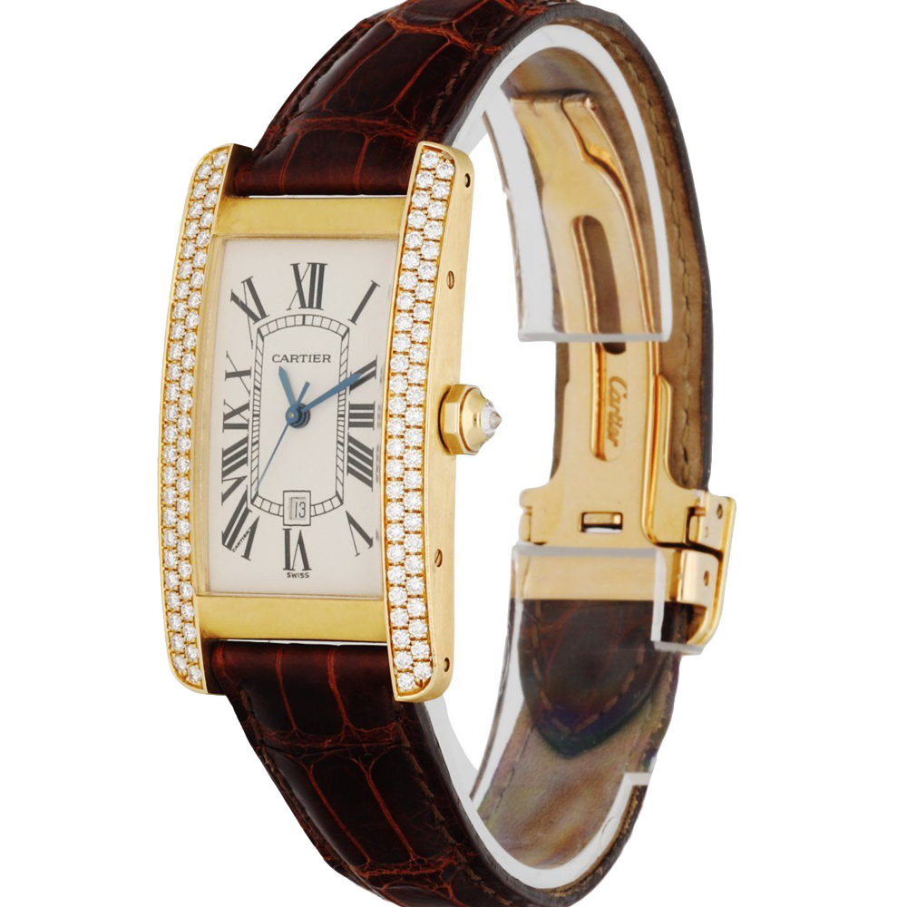 

Cartier Silver Diamonds 18K Yellow Gold Tank Americaine 2483 Women's Wristwatch 23 MM