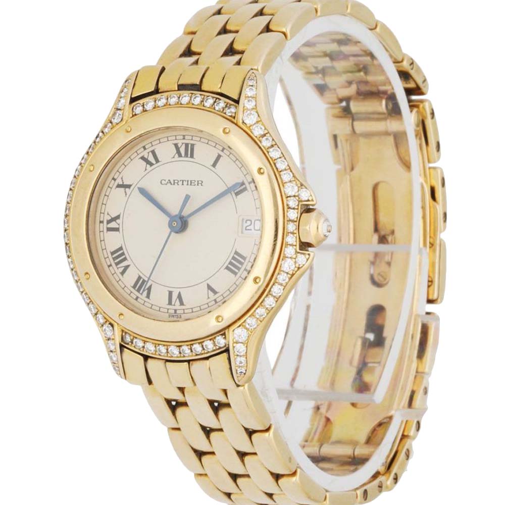 

Cartier Silver Diamonds 18K Yellow Gold Panthere Cougar 887907 Women's Wristwatch 26 MM