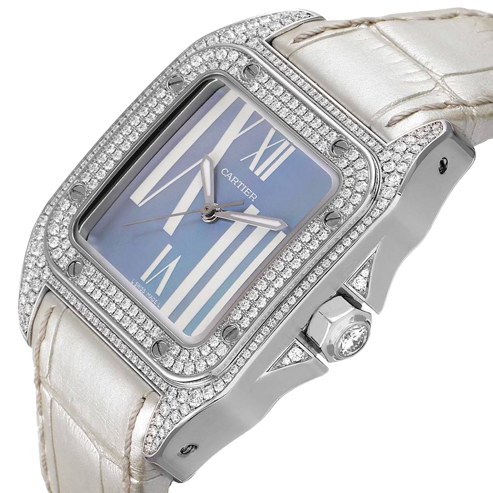 

Cartier Blue MOP Diamonds 18K White Gold Santos 100 WM503251 Women's Wristwatch 33 MM