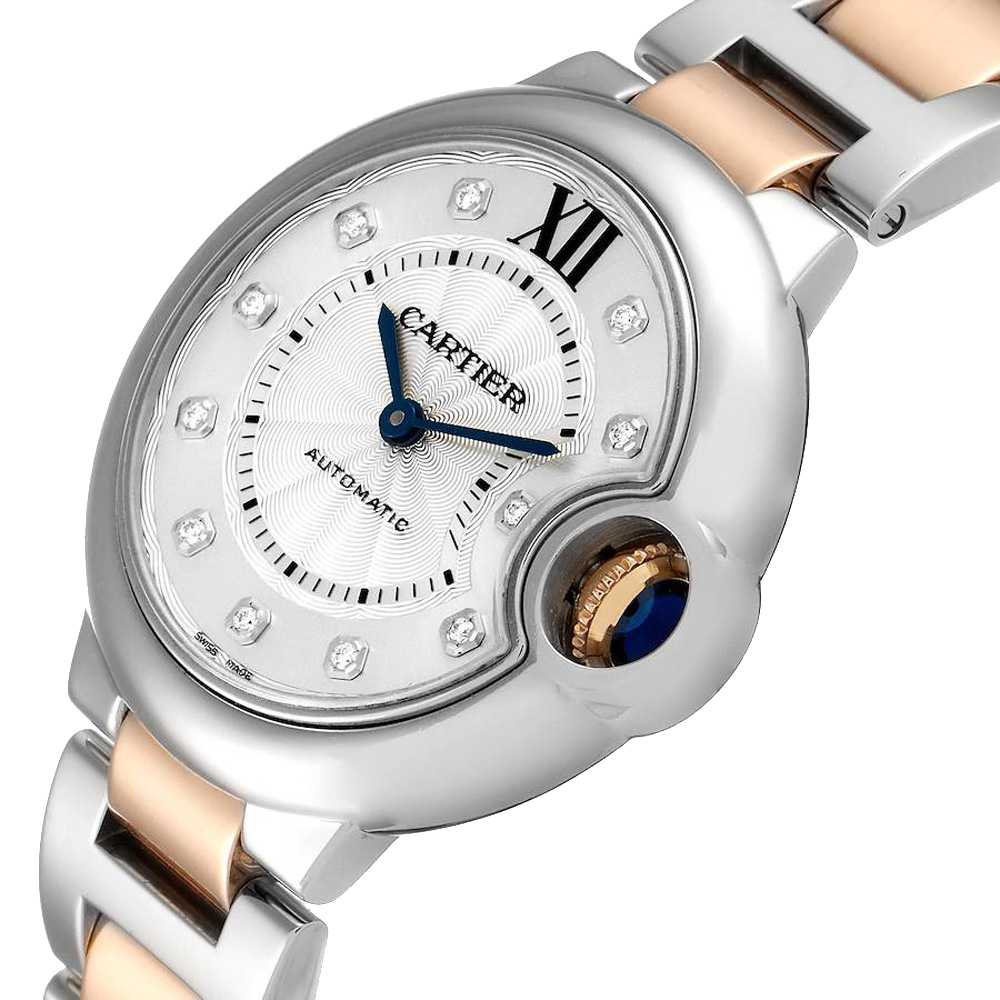 

Cartier Silver Diamonds 18K Rose Gold And Stainless Steel Ballon Bleu WE902061 Women's Wristwatch 33 MM