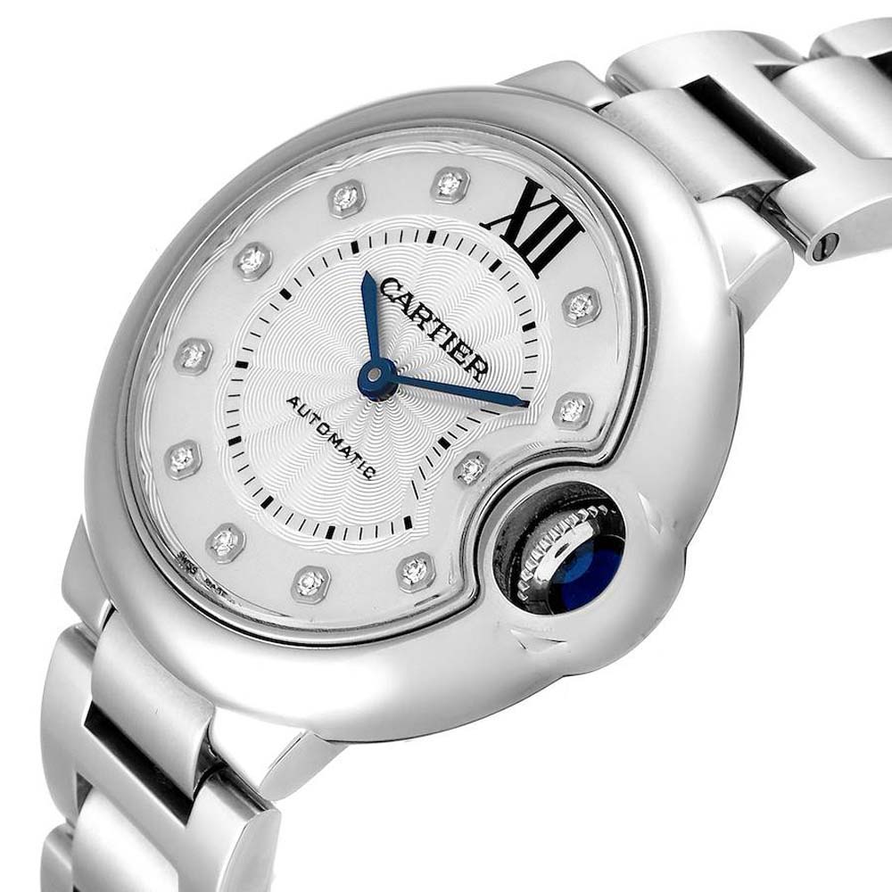 

Cartier Silver Diamonds Stainless Steel Ballon Bleu Automatic WE902074 Women's Wristwatch 33 MM