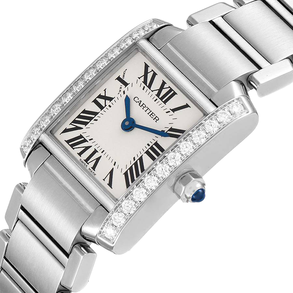 

Cartier Silver Stainless Steel Diamond Tank Francaise W4TA0008 Women's Wristwatch