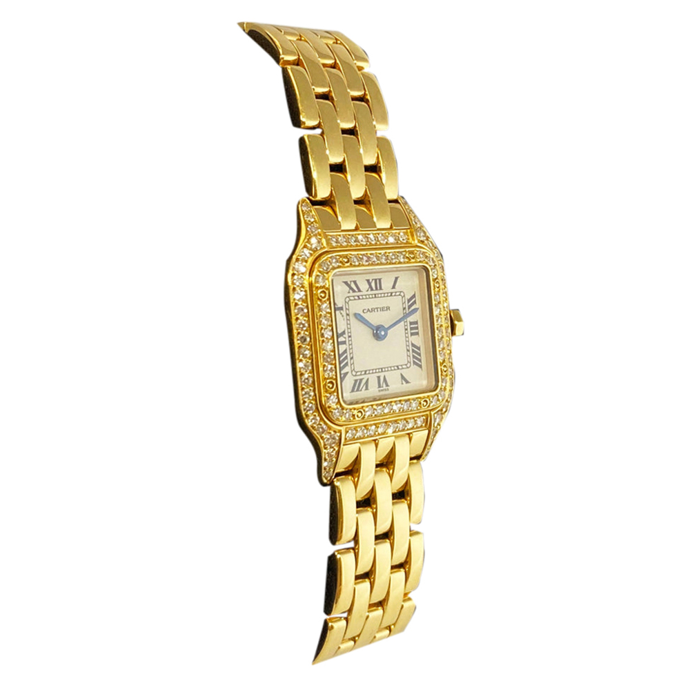 

Cartier Silver Diamonds 18K Yellow Gold Panthere 10702 Women's Wristwatch 22 MM