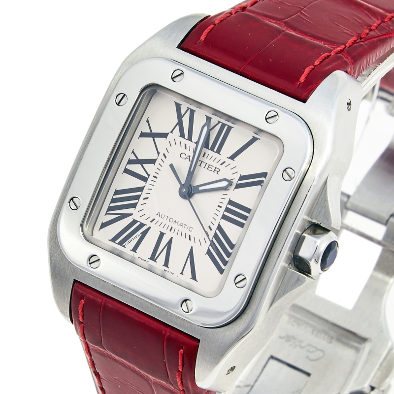 

Cartier Silver Opaline Stainless Steel Alligator Leather Santos, Red