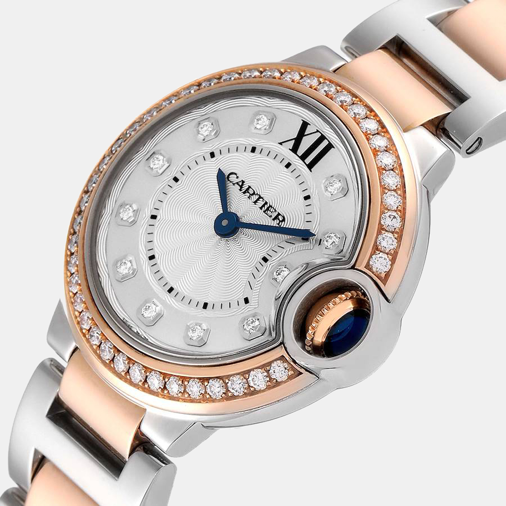 

Cartier Silver Diamonds 18K Rose Gold And Stainless Steel Ballon Bleu W3BB0009 Women's Wristwatch 28 mm